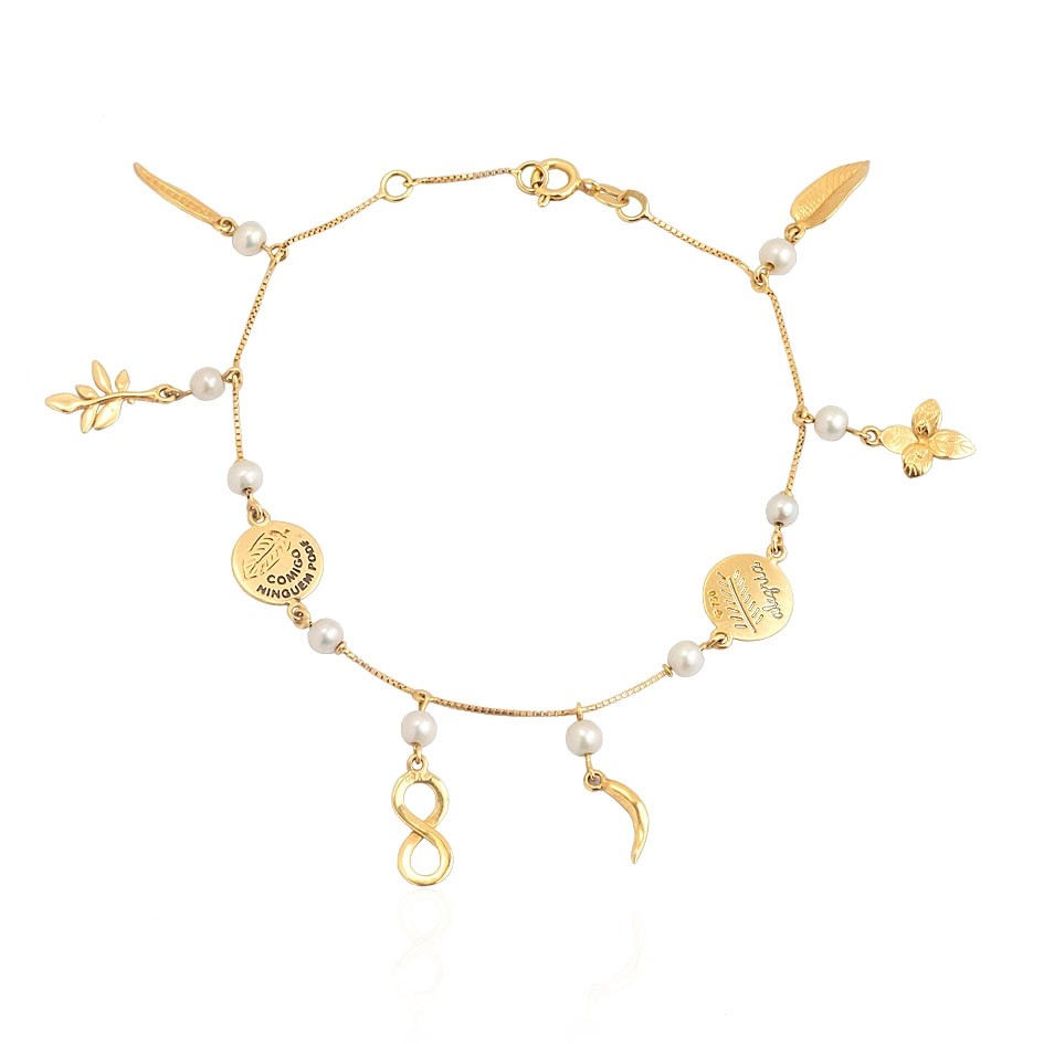 Pulseira 7 Ervas com Pérolas em Ouro Amarelo