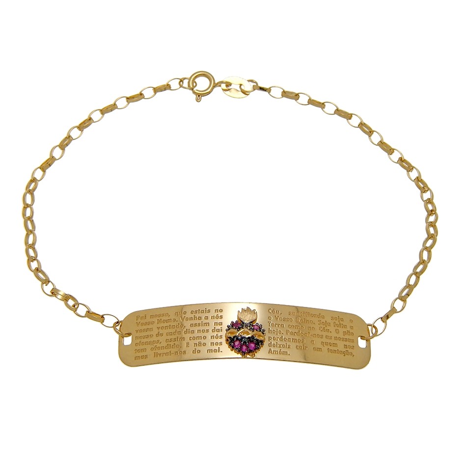 Pulseira Placa Sagrado Coração de Rubis com Oração